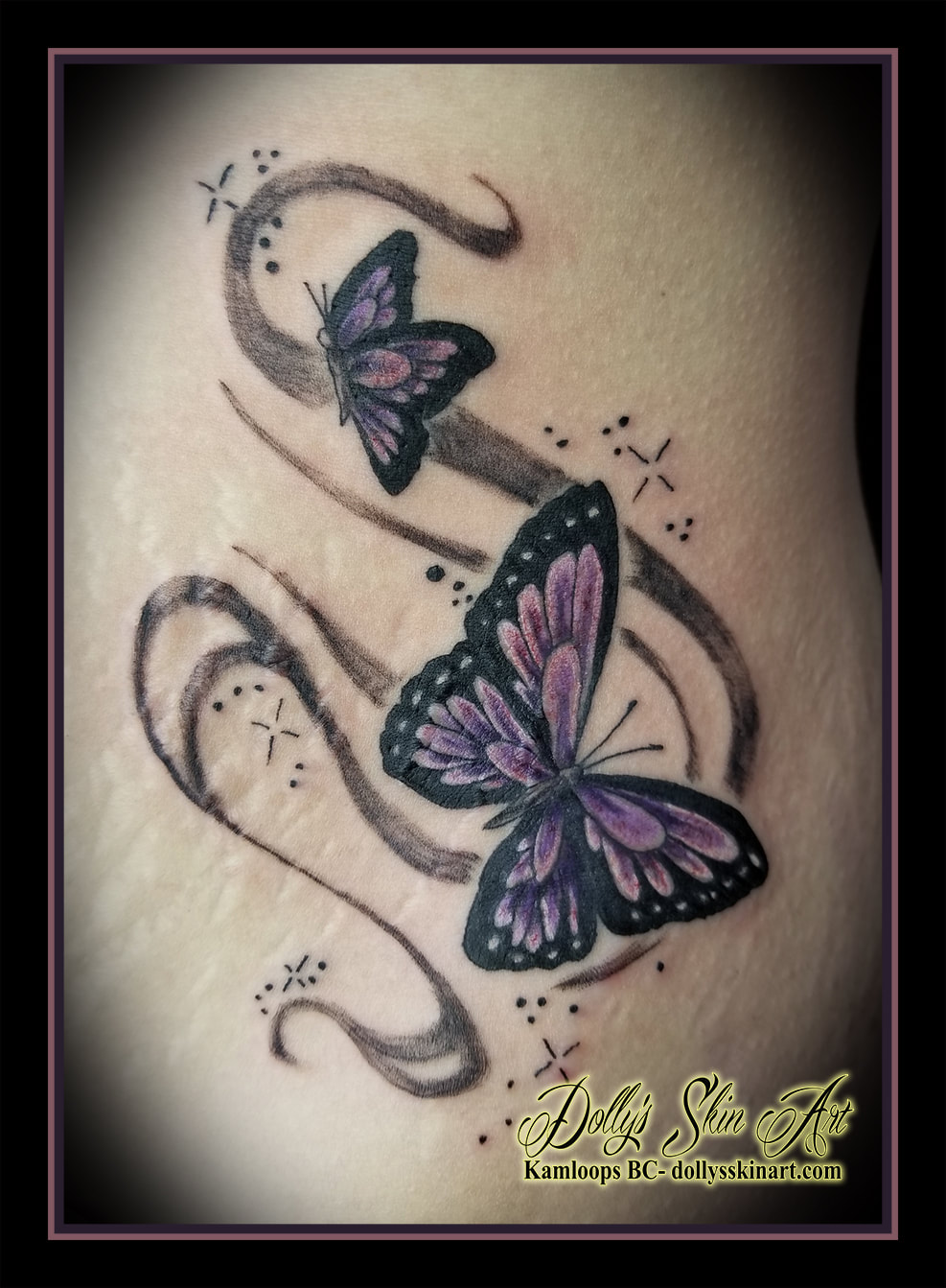 butterfly purple pink white colour filigree stars ribs side tattoo kamloops tattoo dolly's skin art