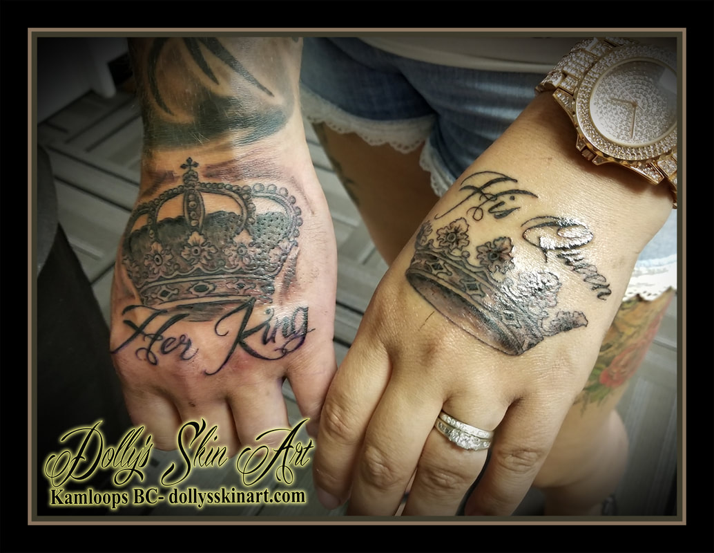 black and grey matching hand crown royalty his queen her king lettering font shading tattoo kamloops dolly's skin art