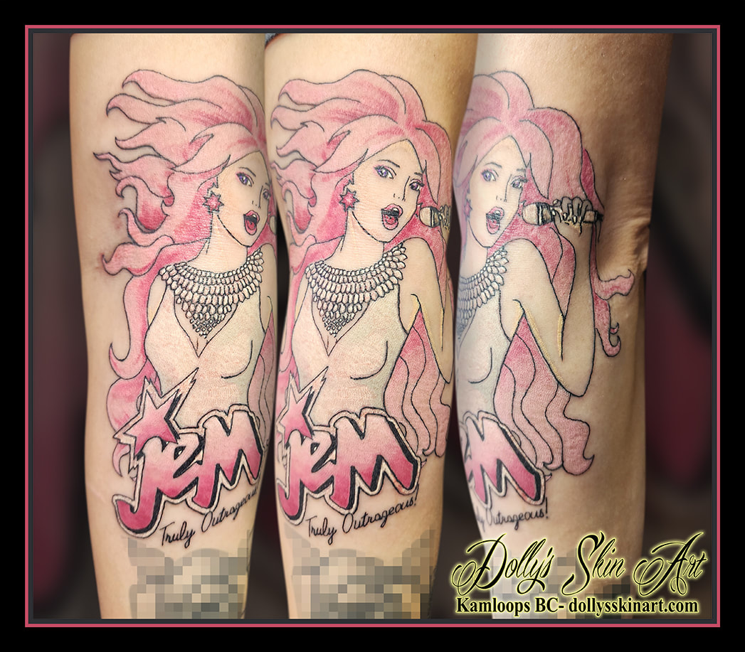 jem tattoo Truly outrageous Jem and the Holograms colour pink white black tattoo kamloops dolly's skin art