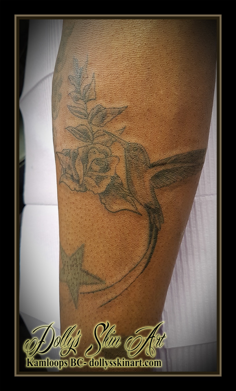 doctor bird jamaica rose black and grey shaded arm tattoo kamloops dolly's skin art