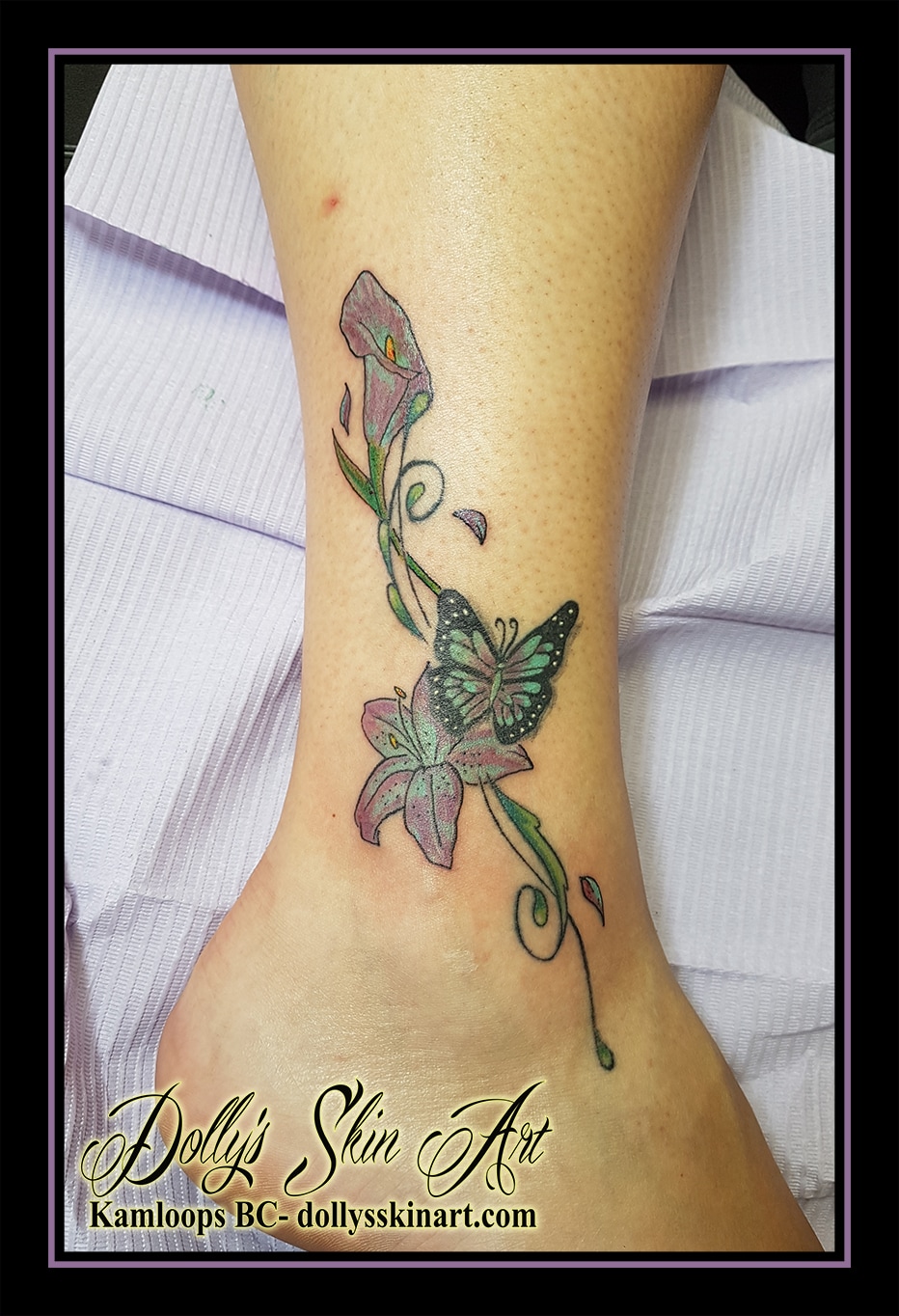 colour lily butterfly flower green purple ankle additions tattoo kamloops dolly's skin art