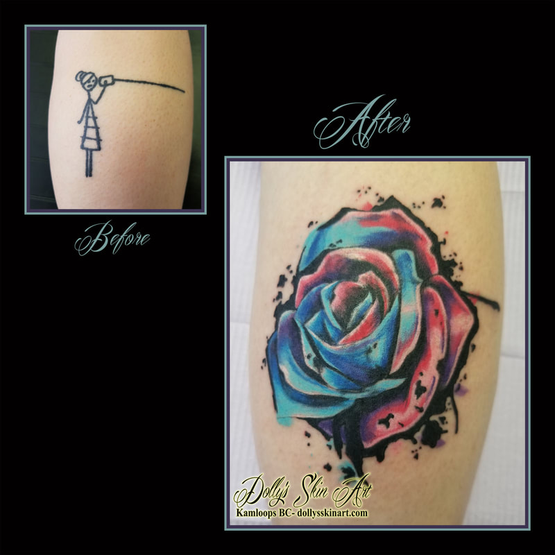 water colour rose cover up leg blue purple pink black white watercolor tattoo kamloops dolly's skin art