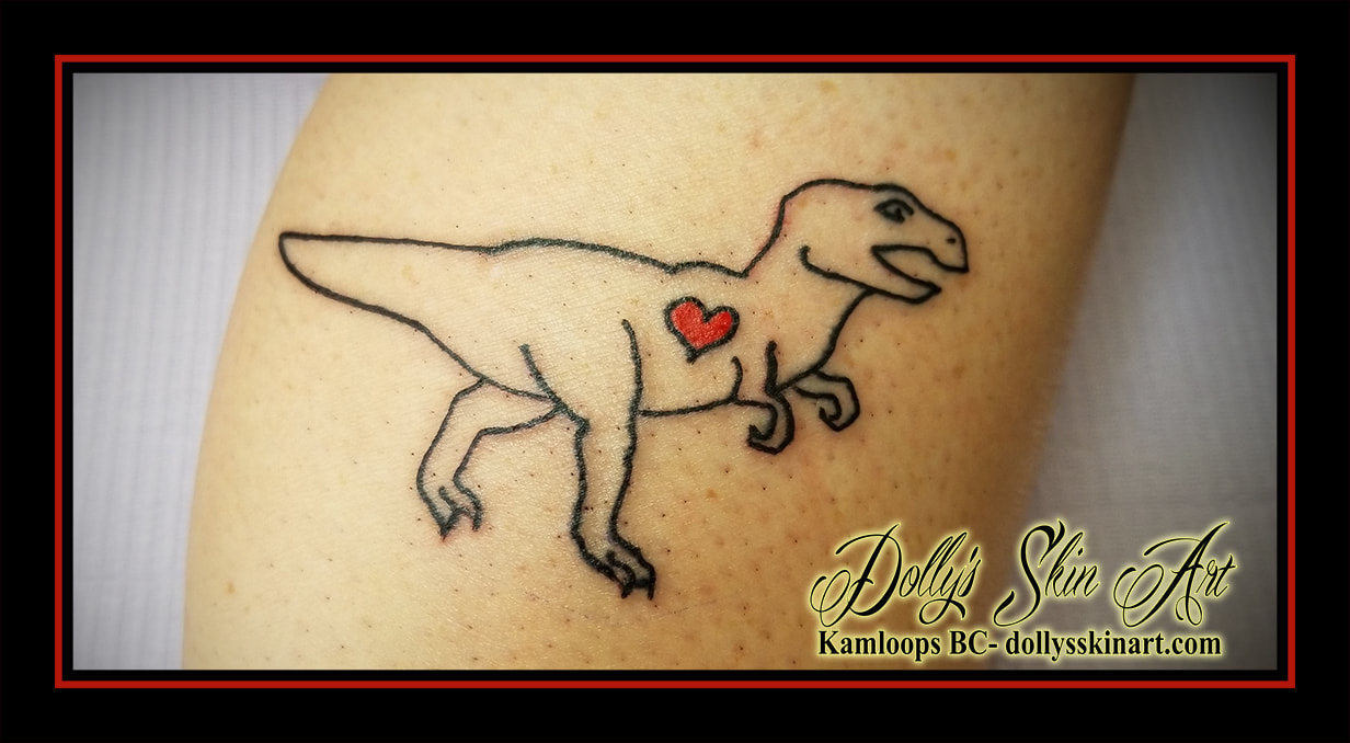 outline linework black red heart tyrannosaurus rex trex small simple cute son kamloops tattoo dolly's skin art