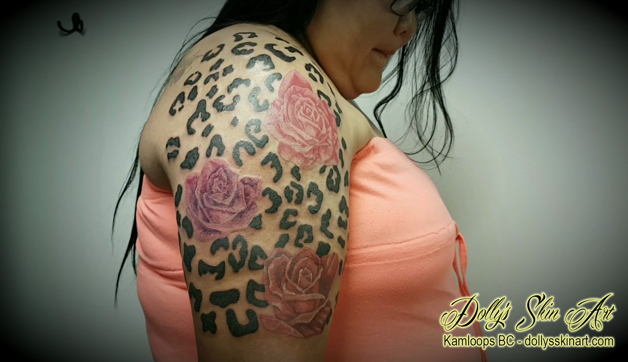 Gina's Coloured Flowers and Leopard Print Half Sleeve Tattoo
