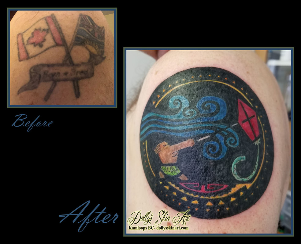 cover up colour disney moana before after black blue red yellow green teal shoulder tattoo kamloops dolly's skin art