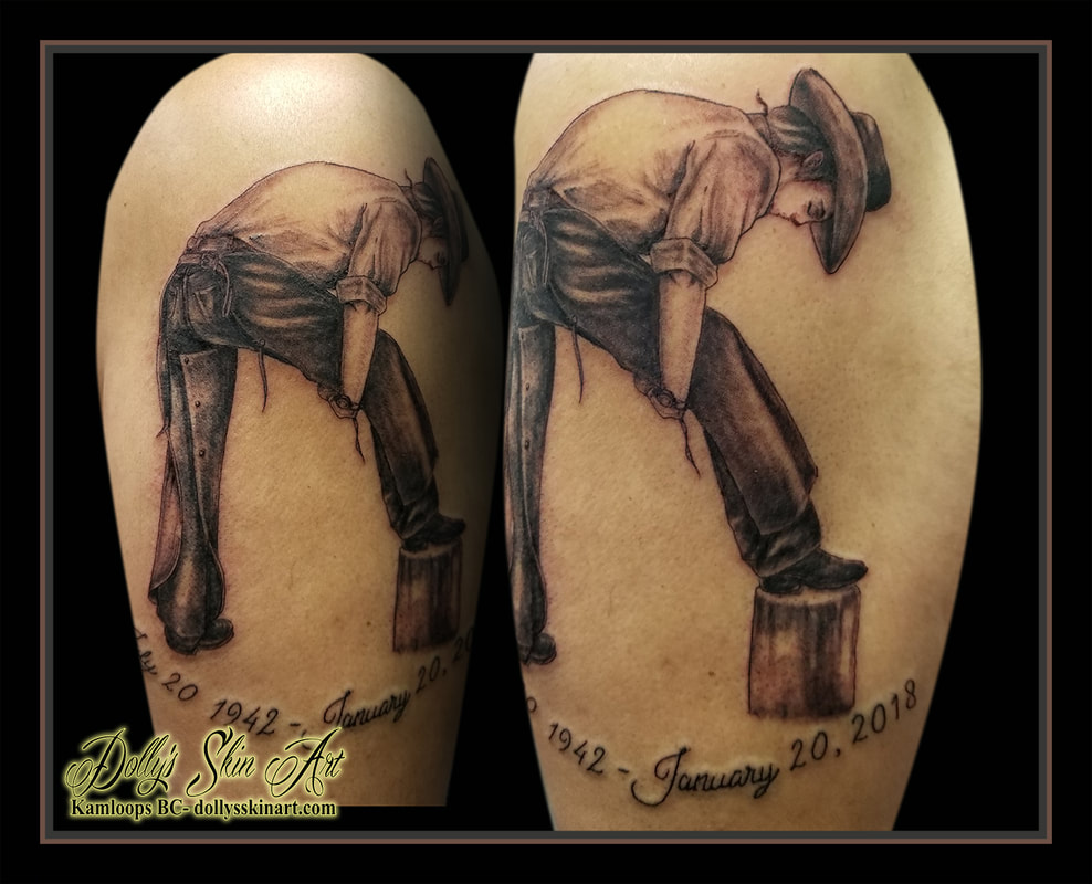 portait tattoo black and grey shading cowboy chaps hat trunk boots memorial tribute arm father lettering font script tattoo kamloops dolly's skin art