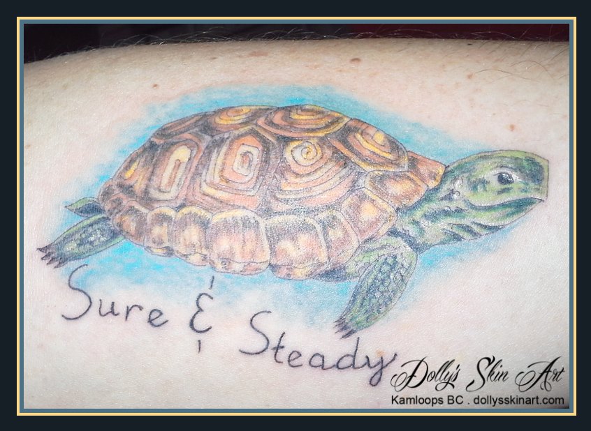 colour turtle tattoo sure and steady lettering
