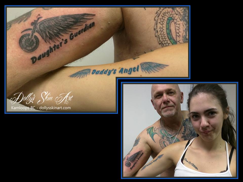 daughter's guardian daddy's angel motorcycle wings black blue tattoo kamloops dolly's skin art