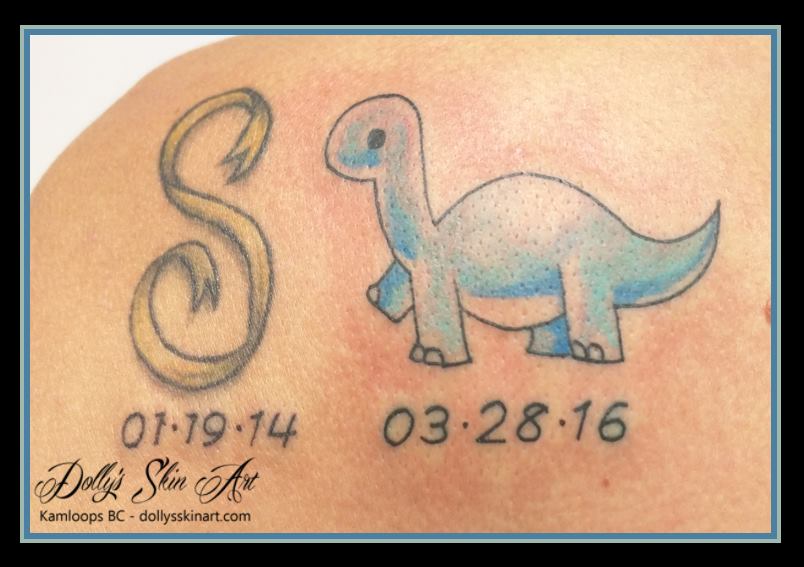small colour blue dinosaur cartoon memorial dates tattoo kamloops dolly's skin art