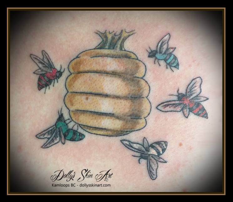 colour beehive bees family small tattoo kamloops dolly's skin art