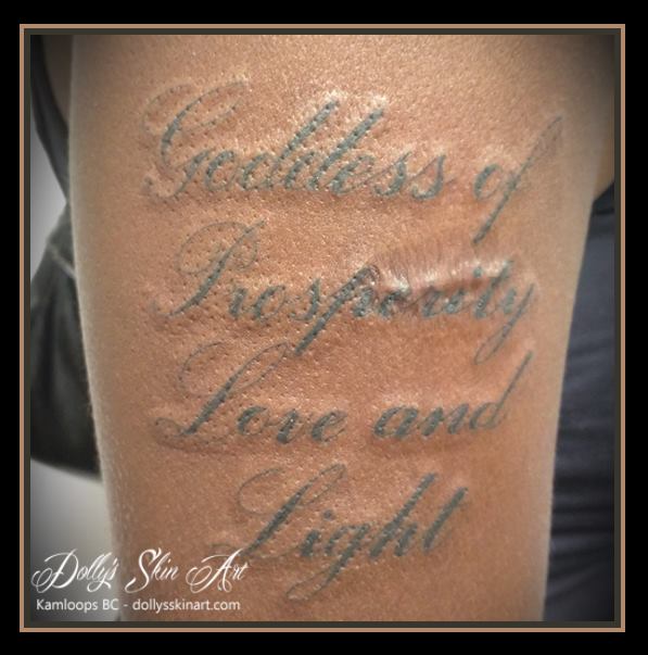 Lakshmi Goddess Prosperity Love Light black font lettering tattoo dolly's skin art kamloops