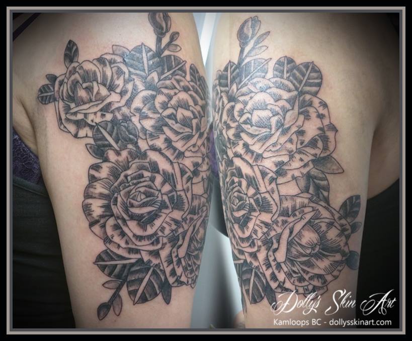 black linework line shaded rose leaf shoulder arm tattoo kamloops dollys skin art