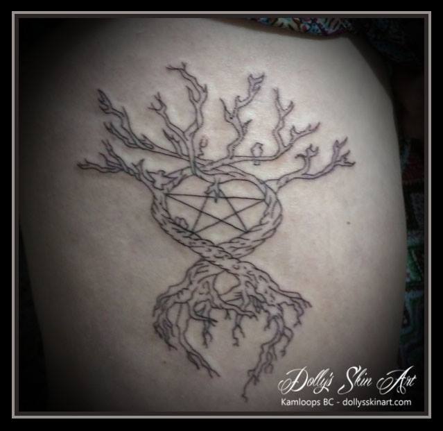 black linework tree pentagram pentacle tattoo