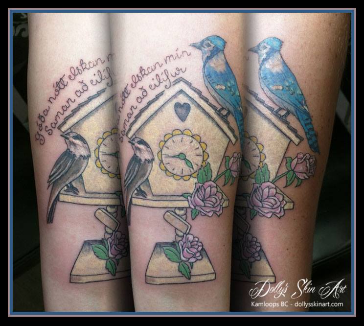 colour birdhouse clock whiskeyjack bluejay flowers icelandic lettering family memorial kamloops dolly's skin art