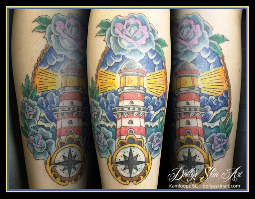colour traditional lighthouse roses water compass tattoo kamloops dolly's skin art