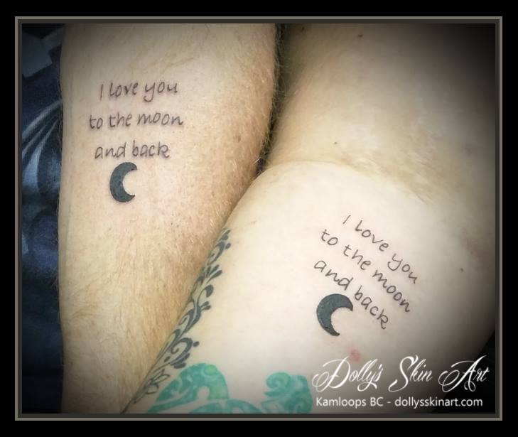 i love you to the moon and back matching black crescent lettering font tattoo kamloops dolly's skin art