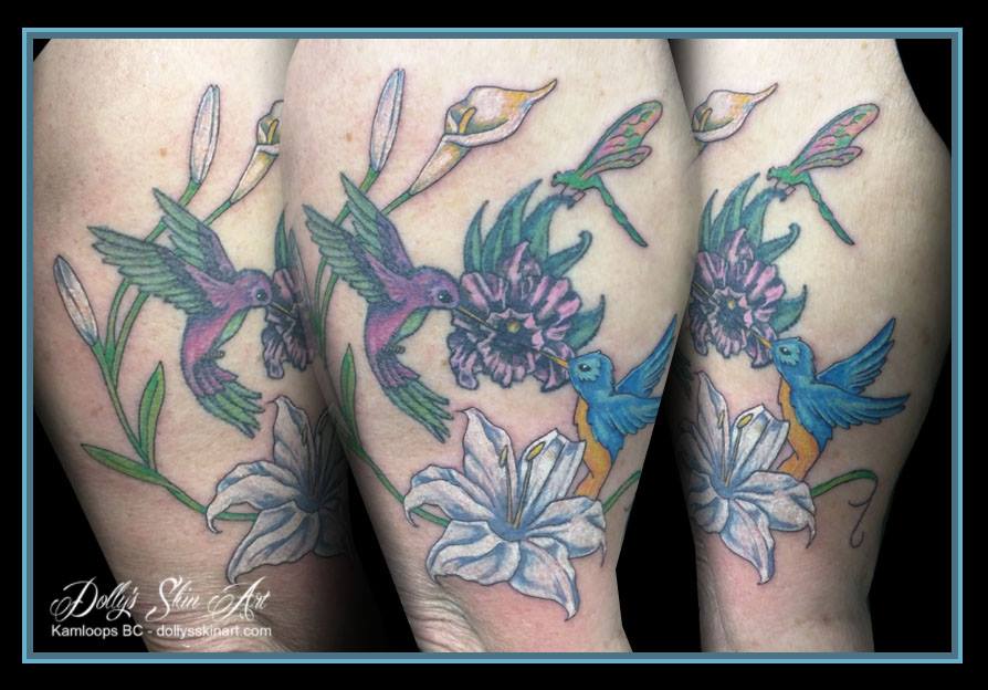 joanne white lily humming bird dragonfly calla lilies colour tattoo kamloops dolly's skin art