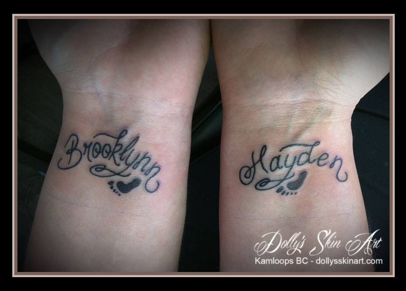 brooklynn hayden foot prints black font lettering children names wrist tattoo kamloops dolly's skin art
