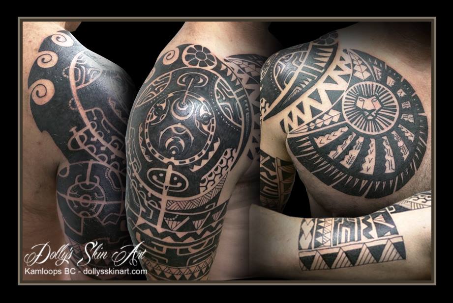 black polynesian tribal inspired shoulder chest arm cap half sleeve lion tattoo kamloops dolly's skin art