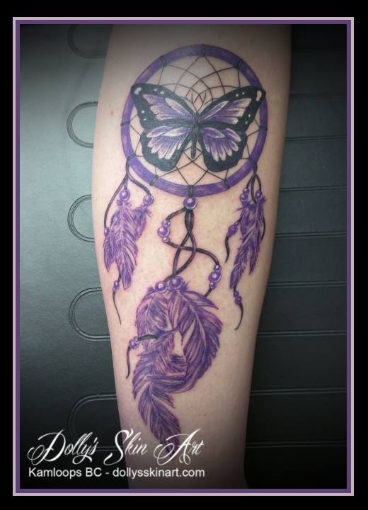dream catcher butterfly black white purple feather beads leg colour tattoo kamloops dolly's skin art
