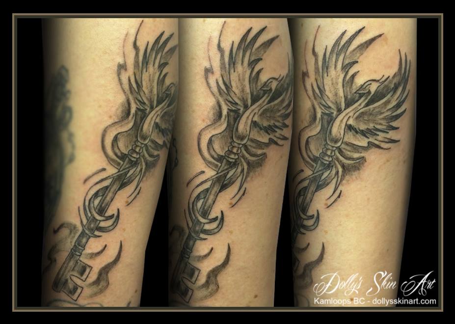 black shading phoenix key smoke tattoo kamloops dolly's skin art