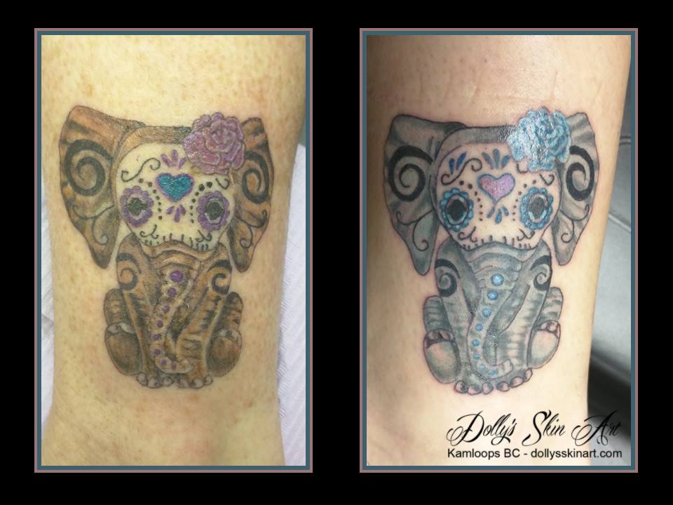 day of the dead style elephant matching mother daughter tattoo grey blue brown purple kamloops dolly's skin art