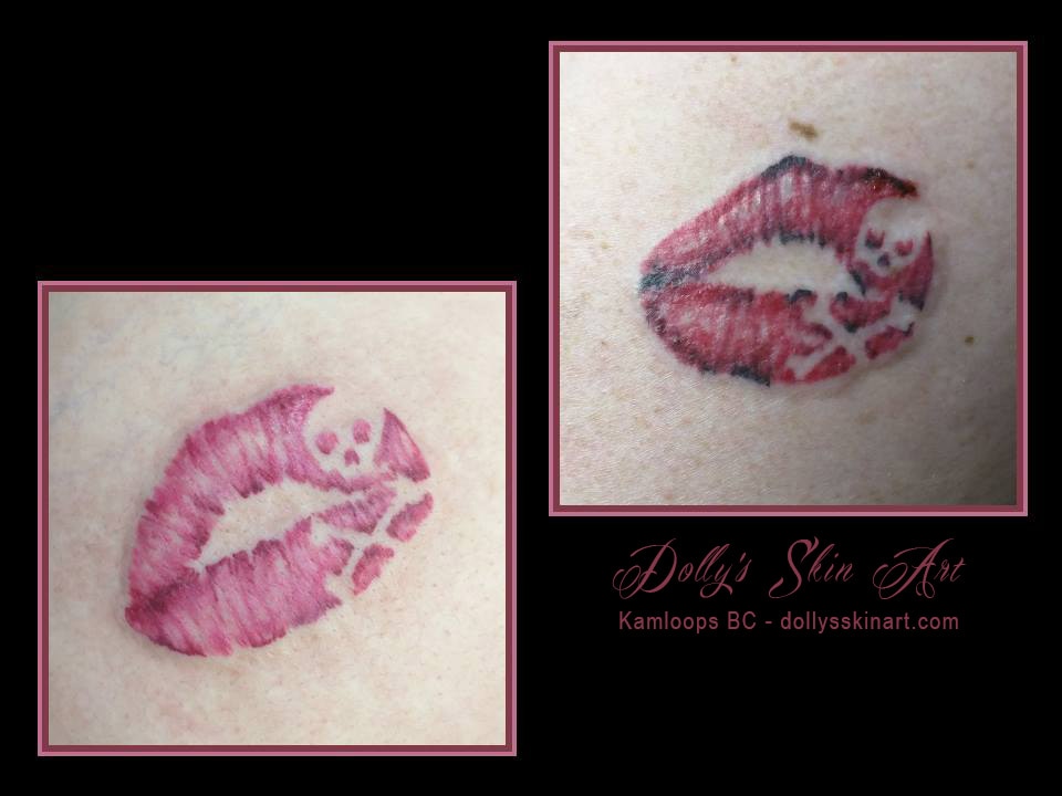 skull bones lipstick lips pink red black negative kiss butt tattoo mom daughter matching kamloops bc dolly's skin art