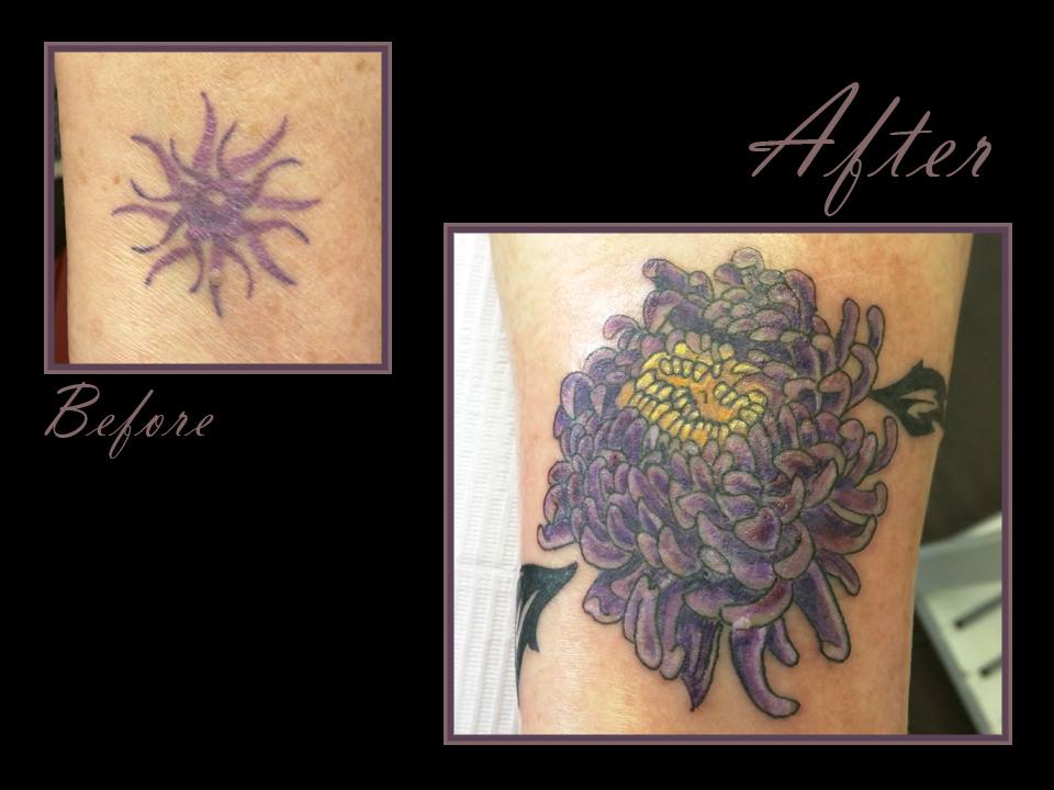purple yellow crysanthemum flower cover up tattoo kamloops dolly's skin art