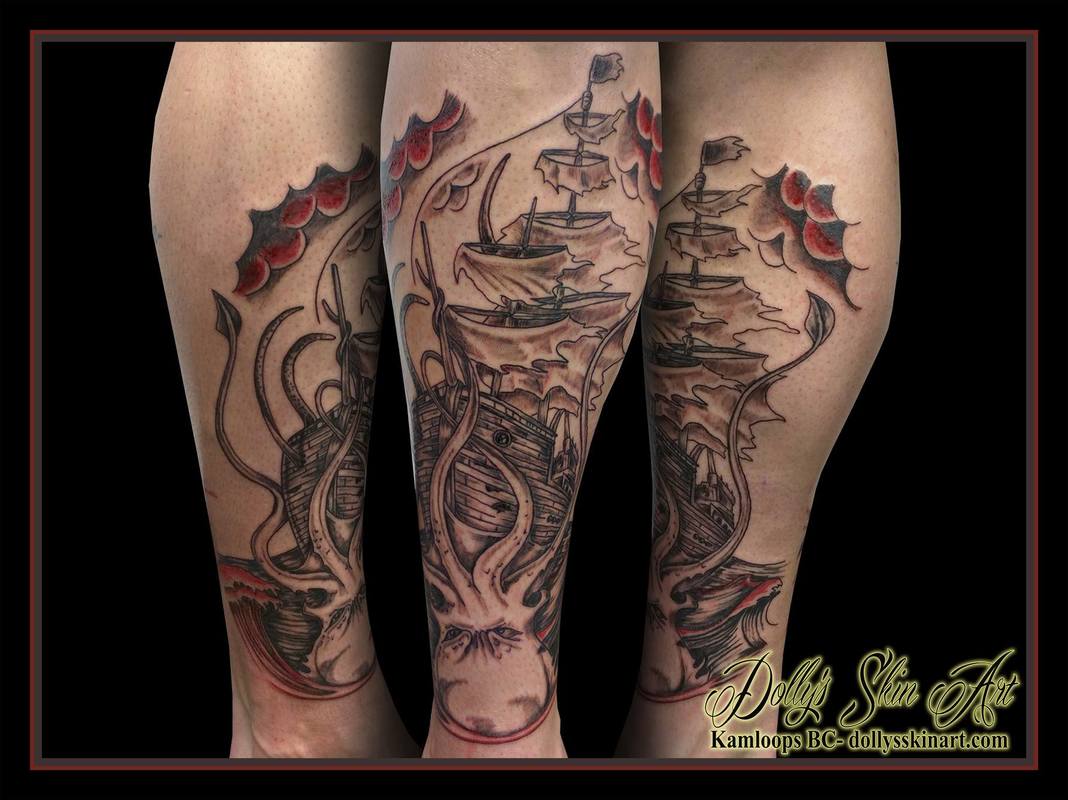 black and grey ship kraken ocean storm sea monster battle leg shin tattoo red kamloops dolly's skin art