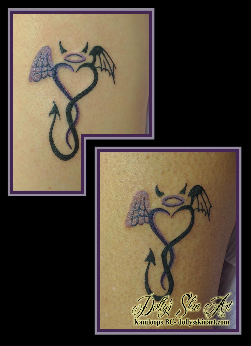 black purple heart angel devil linework friends matching tattoo kamloops dolly's skin art