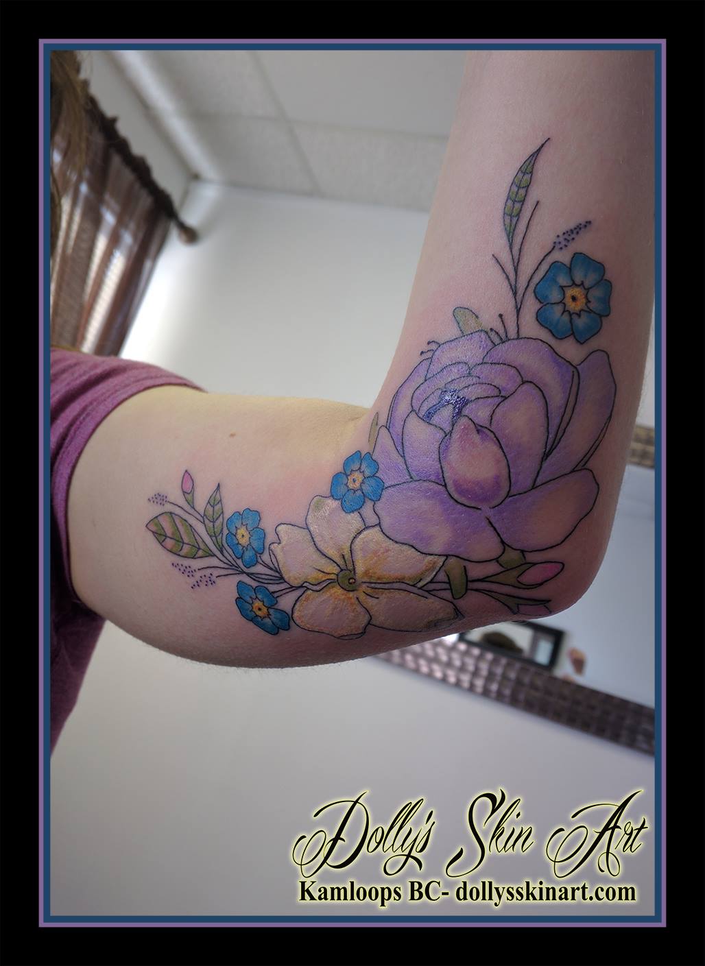forget me not lavender rose flowers leaves blossom elbow arm colour soft tattoo kamloops dolly's skin art