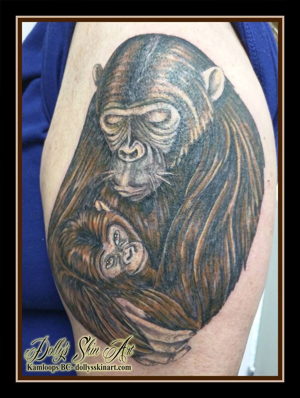 gorilla mother child cuddle hug nature colour shoulder arm tattoo kamloops dolly's skin art