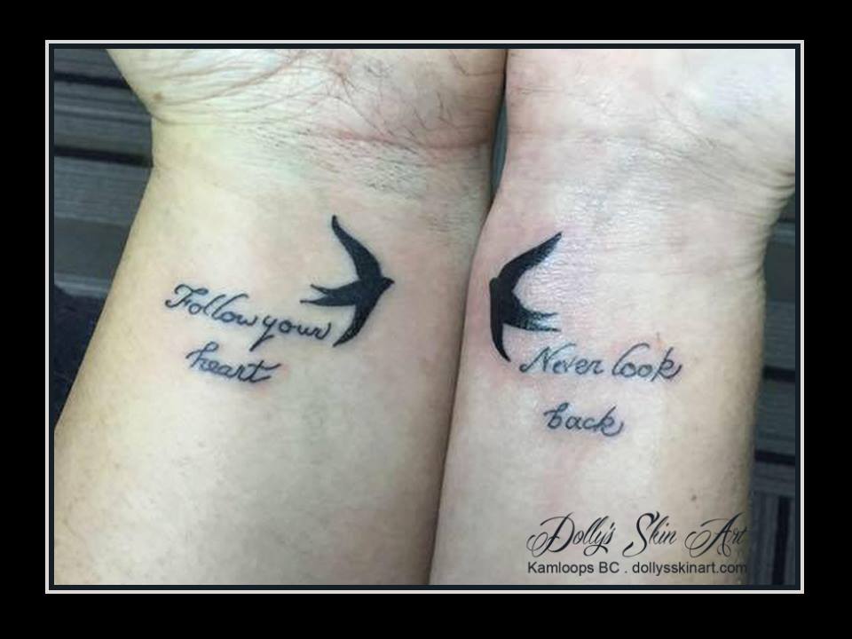 friendship bird lettering wrist tattoo