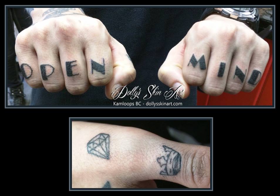 knuckle tattoo font open mind black thumb crown diamond