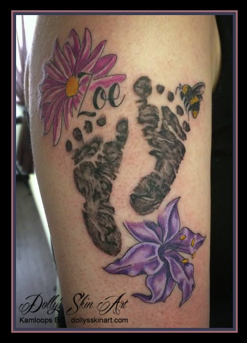 daughter foot print flowers colour arm tattoo
