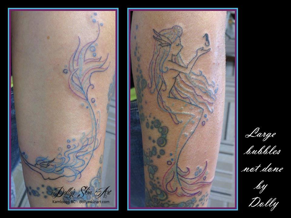 coloured line work mermaid tattoo