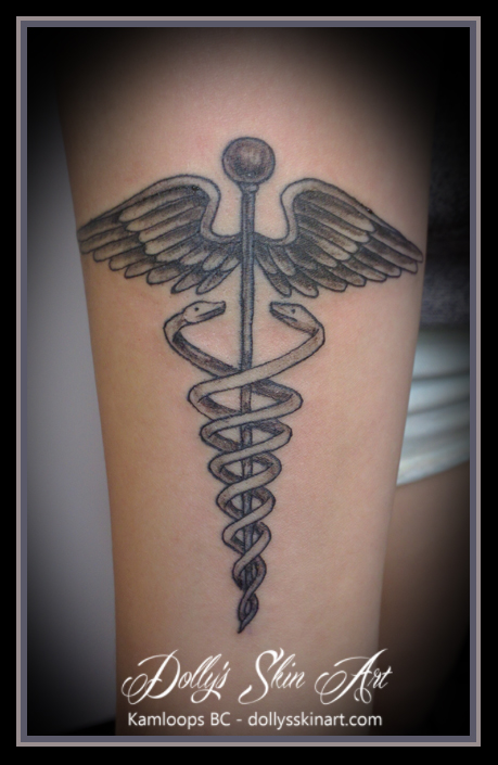 black and grey caduceus forearm tattoo medic alert tattoo