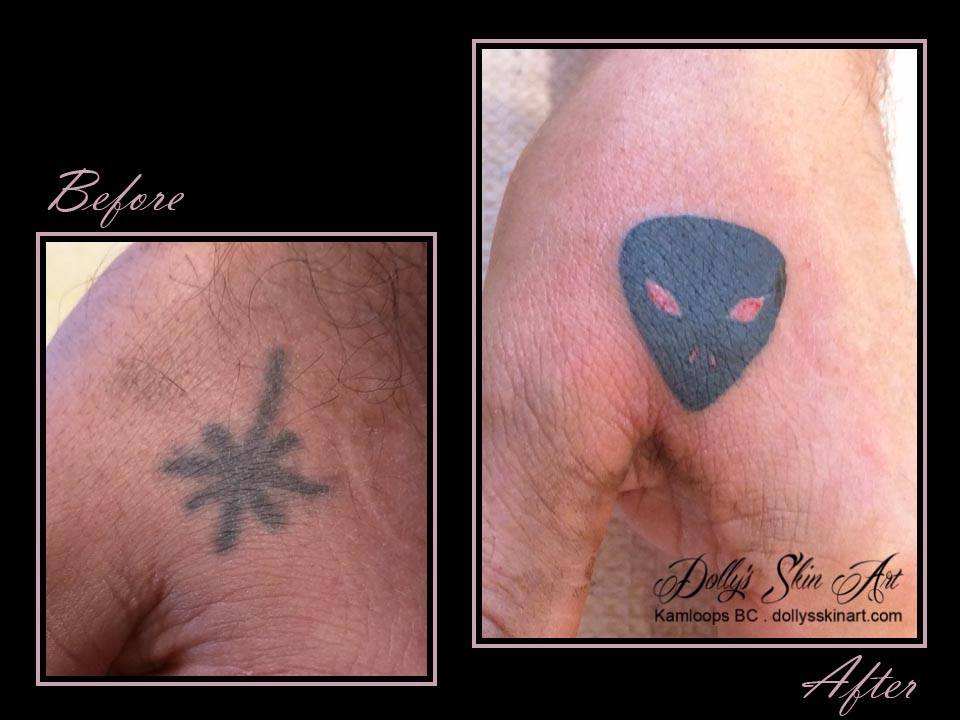alien guitar pick coverup tattoo