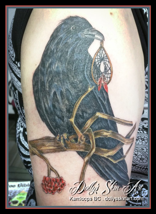 raven dreamcatcher branch colour tattoo