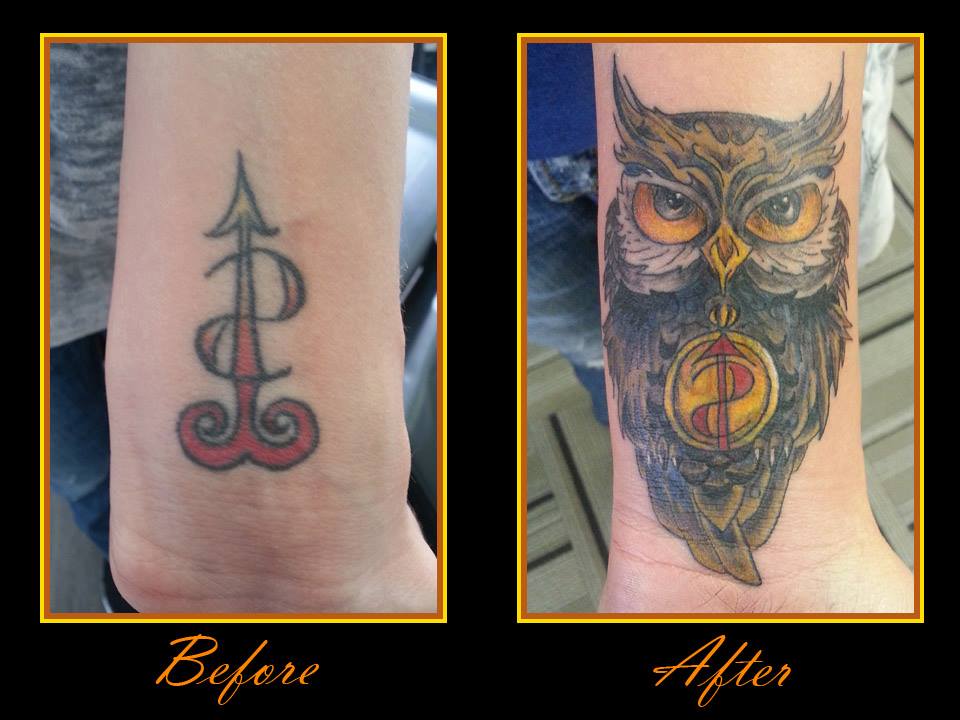 owl colour tattoo coverup