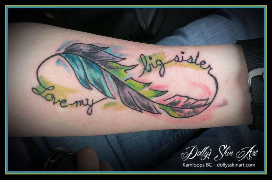 watercolour infinity feather sister colour tattoo