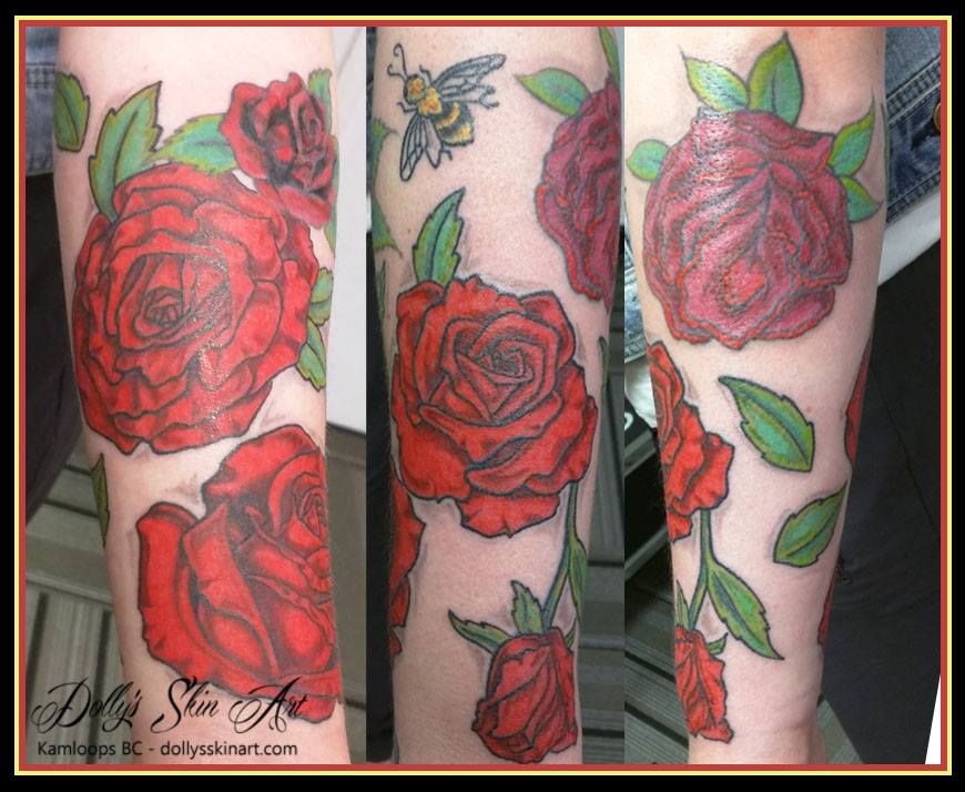 red roses leaves colour sleeve tattoo bee