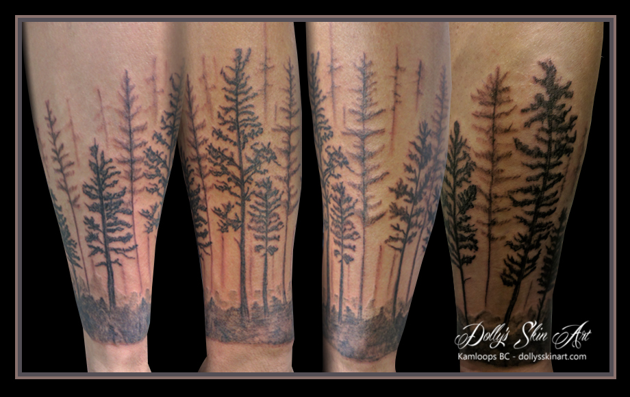 black forest trees scene wilderness half sleeve wip tattoo