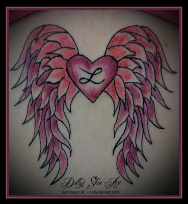 small simple pink wings heart sternum colour tattoo