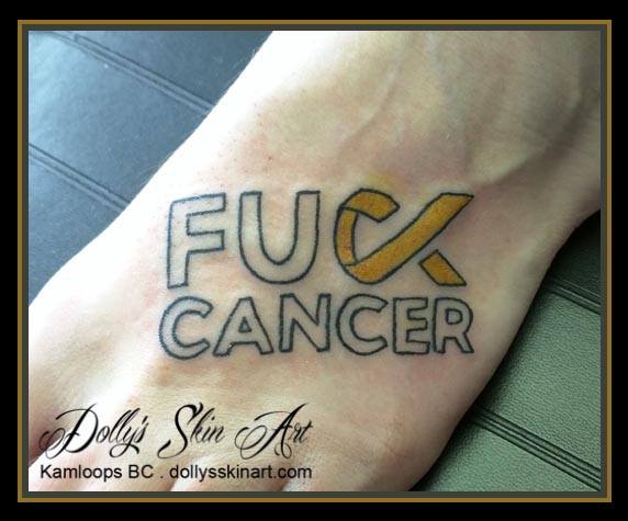 tiffany's fuck cancer ribbon foot tattoo