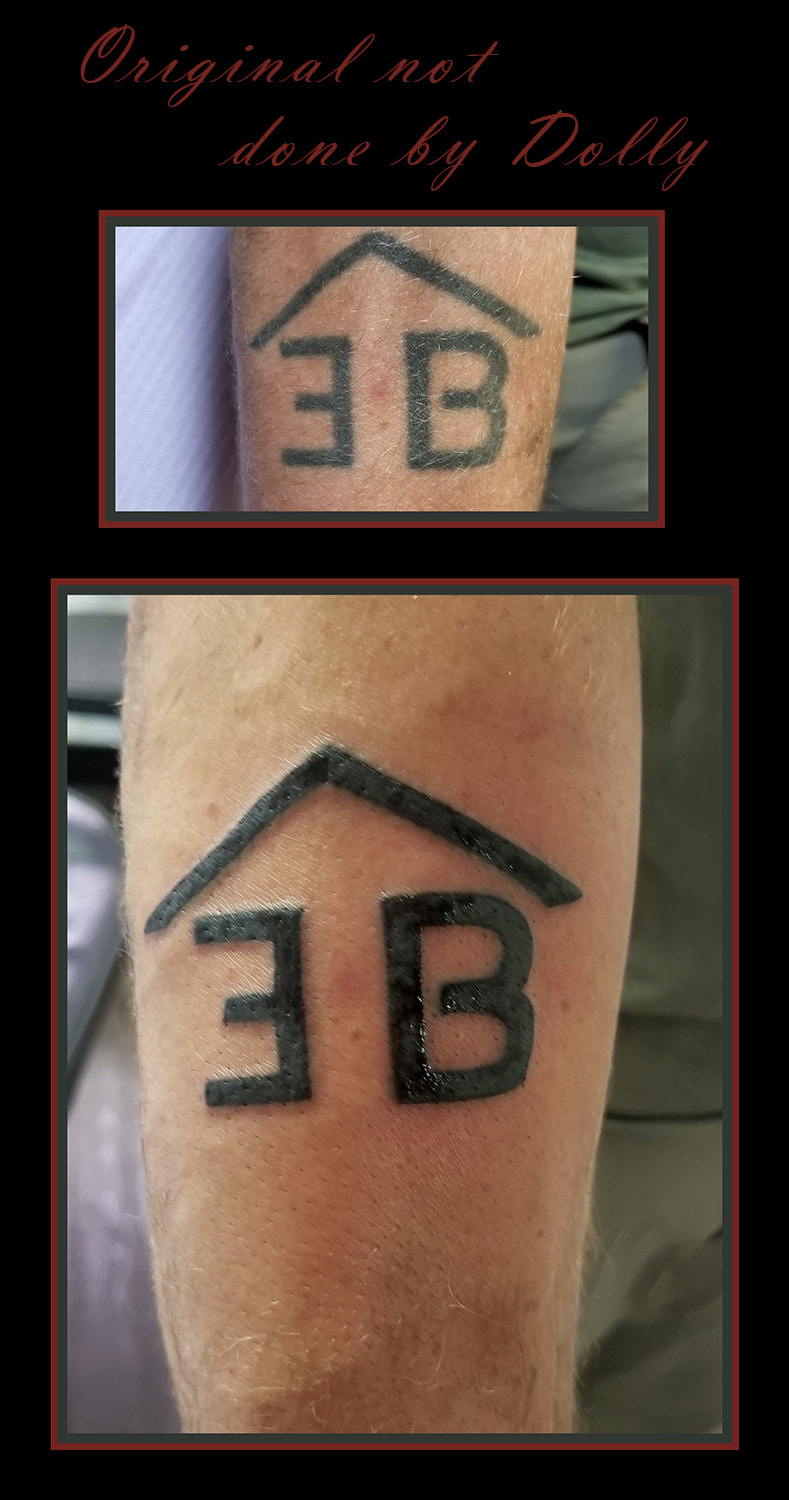 E B black intials tattoo old new rejuvenation coverup black arm kamloops dolly's skin art
