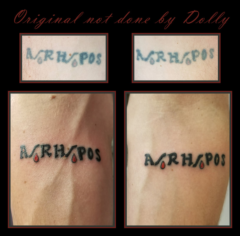 A/RH/POS blood type tattoo old new rejuvenation coverup black red arm kamloops dolly's skin art