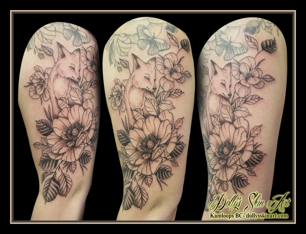 fox and flowers tattoo black and grey shading arm floral tattoo dolly's skin art kamloops