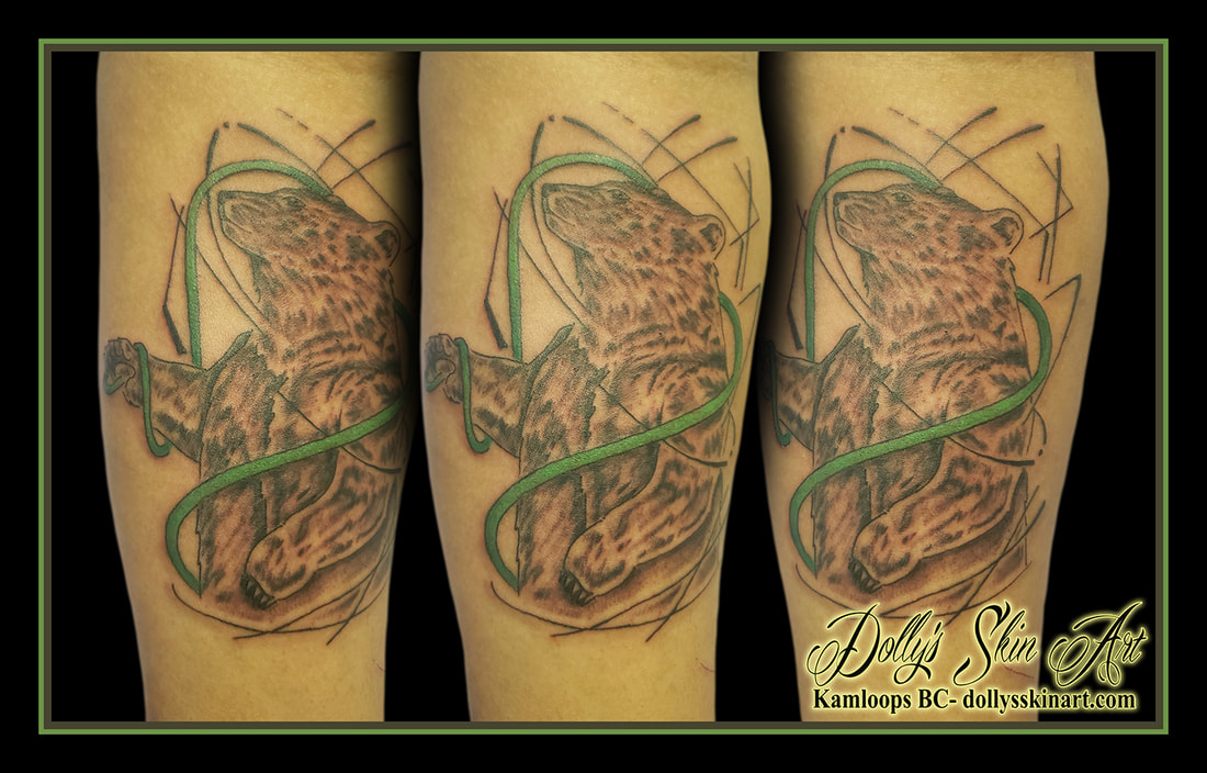 bear tattoo grizzly black and greay shading green linework abstract tattoo dolly's skin art kamloops