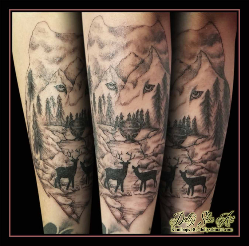 wilderness wolf tattoo black and grey deer buck doe trees river mountains tattoo kamloops dolly's skin art